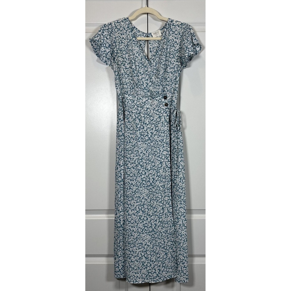 Sienna Sky Womens Wrap Midi Dress Blue White Floral V-Neck Flutter Sleeve S